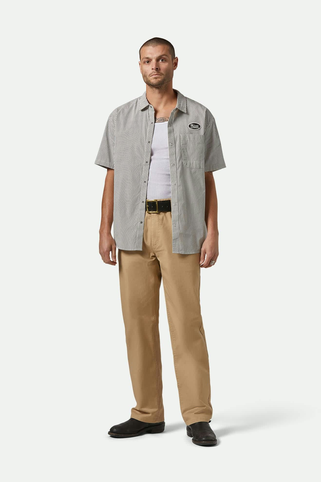 Men's Builders Auto S/S Shirt in Black/Off White Stripe – Brixton