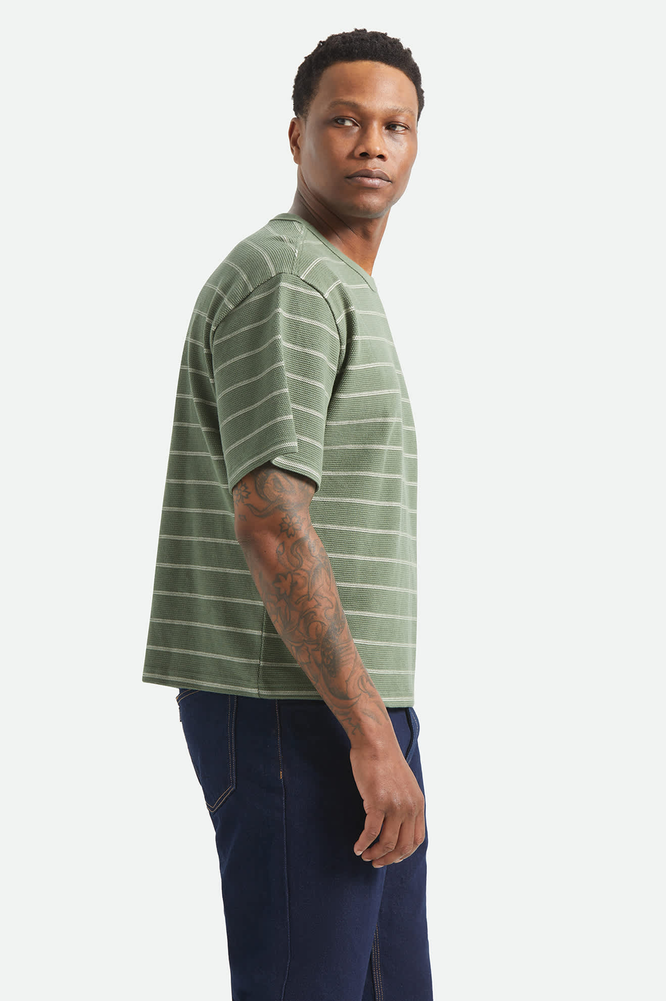 Men's Parsons Stripped Pique Boxy T-Shirt in the color Dark Olive/Whitecap - Men's Side View