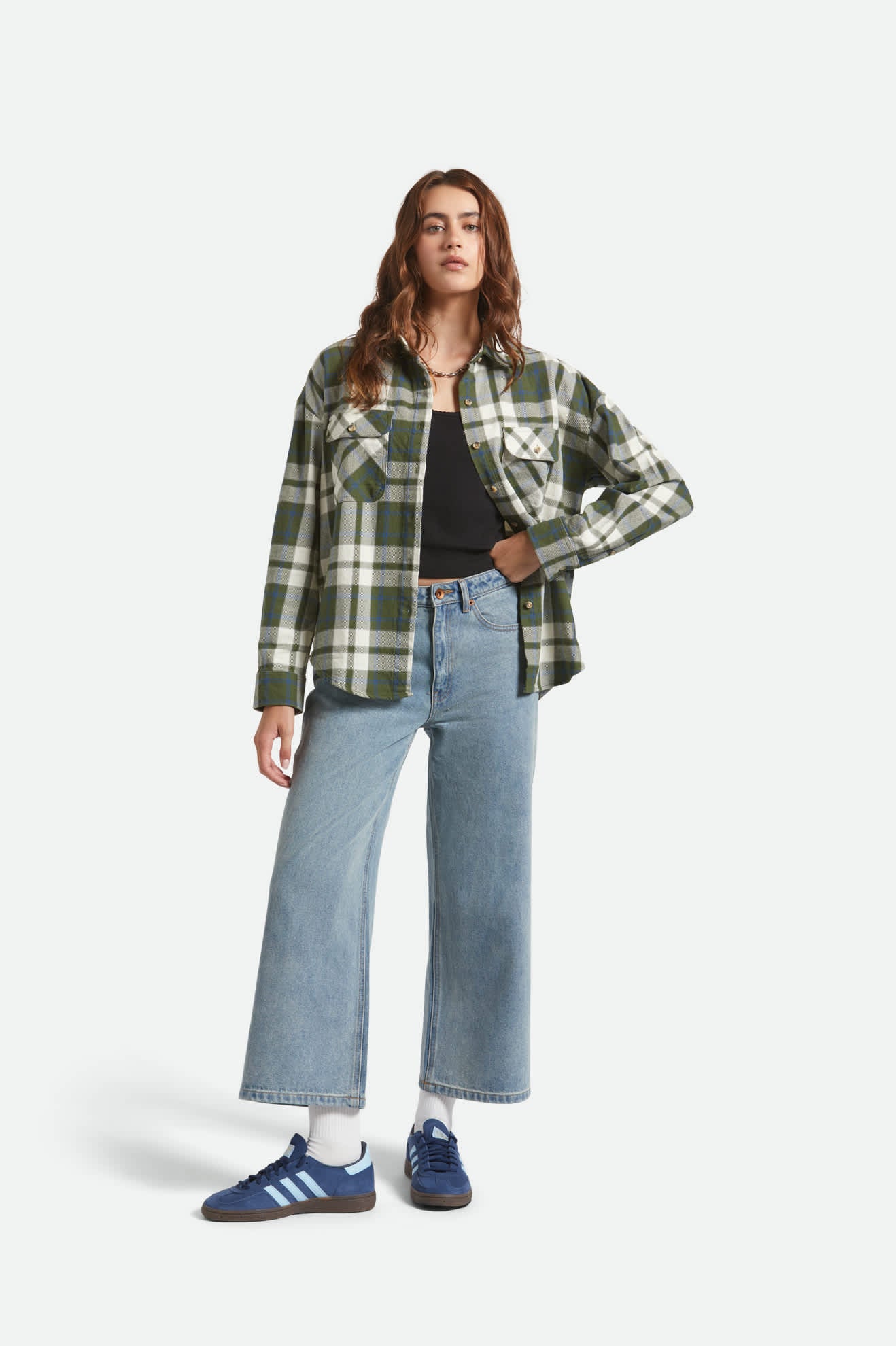 Women's Bowery Vintage L/S Overshirt in the color Green/Blue - Women's Back View