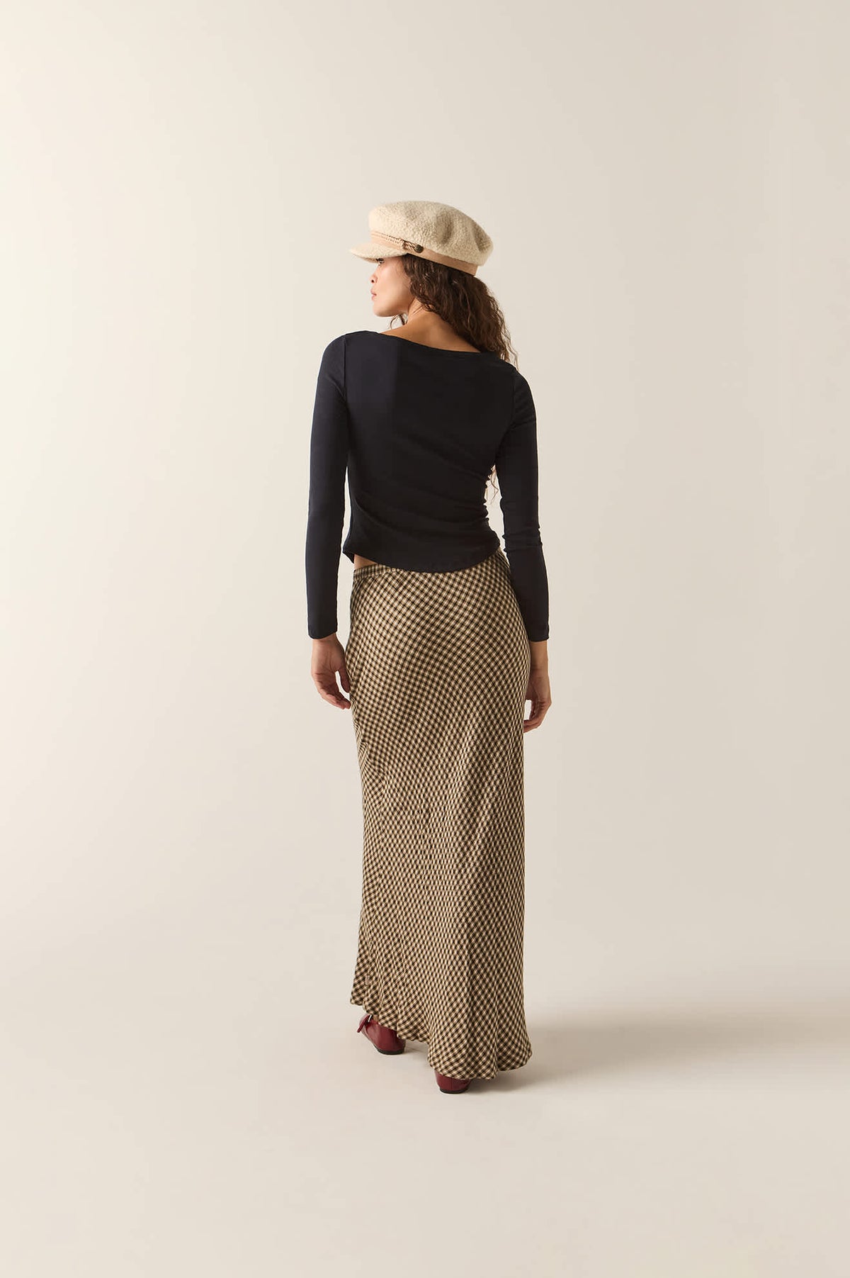 Women's The Molly Silky Skirt in the color Khaki/Off White/Black Micro - Women's Back View