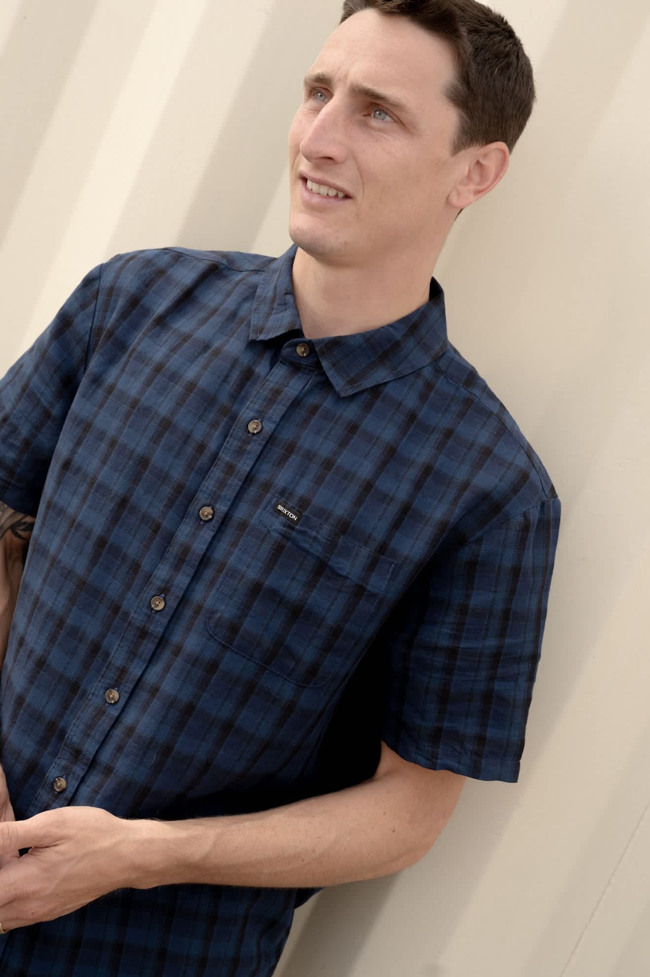 Men's Cru Linen Blend Plaid Short Sleeve Shirt in the color Dark Blue/Black Plaid - Men's Lifestyle image