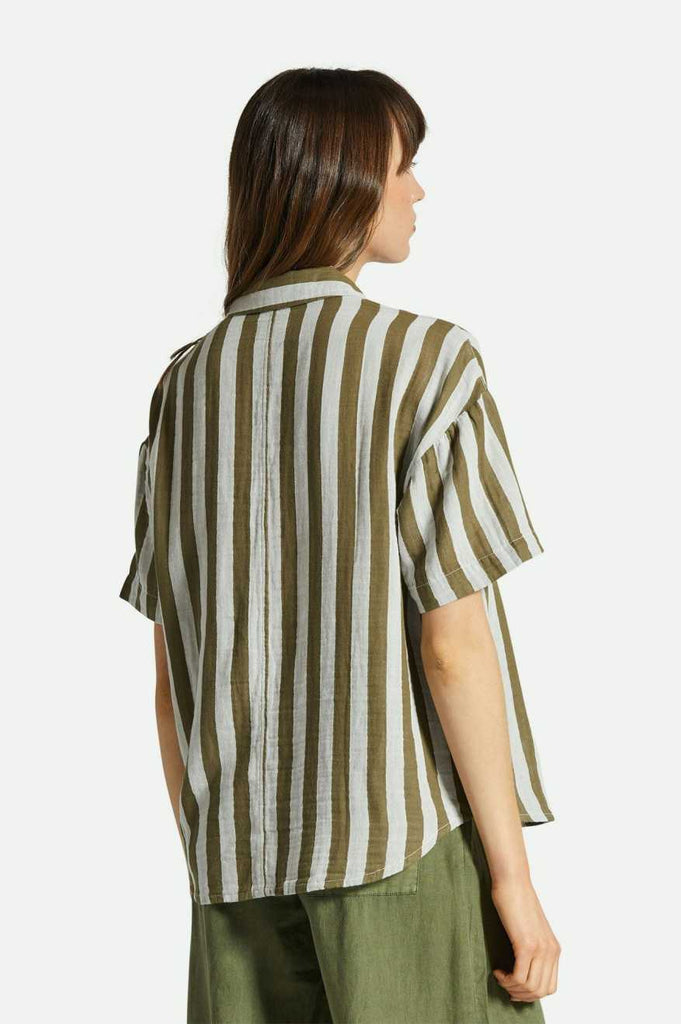 Women's Fit, Back View | Mykonos Stripe Boyfriend S/S Woven Shirt - Military Olive