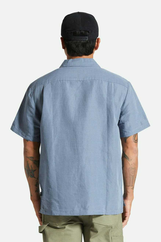 Men's Fit, Back View | Bunker Linen S/S Camp Collar Woven Shirt - Flint Stone Blue