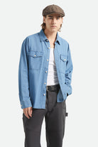 Men's Waylon Lightweight Overshirt in the color Medium Wash Chambrey - Men's Front View