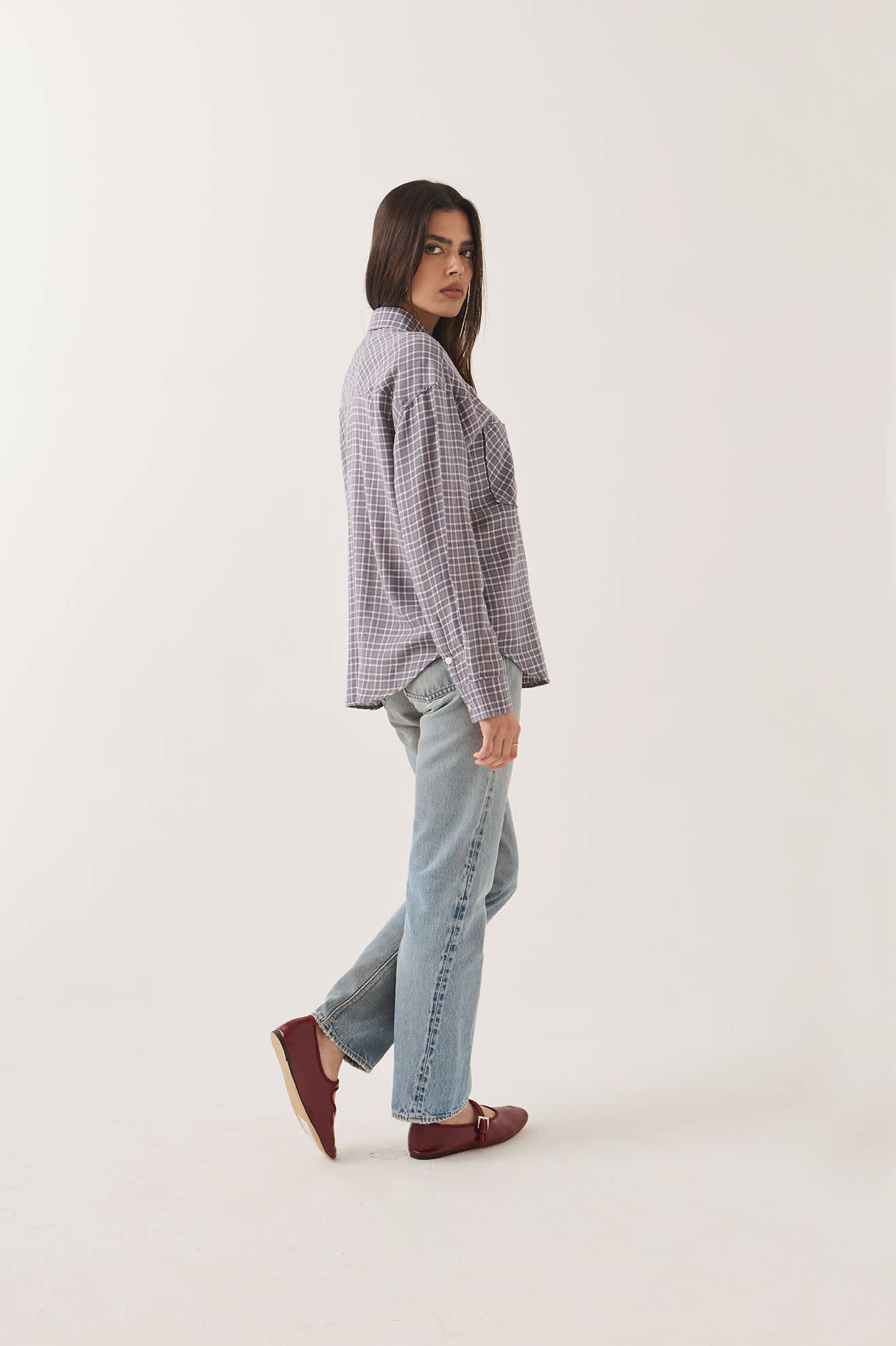 Women's Wayne Women's Shirt in the color Soft Navy Plaid - Women's Side View