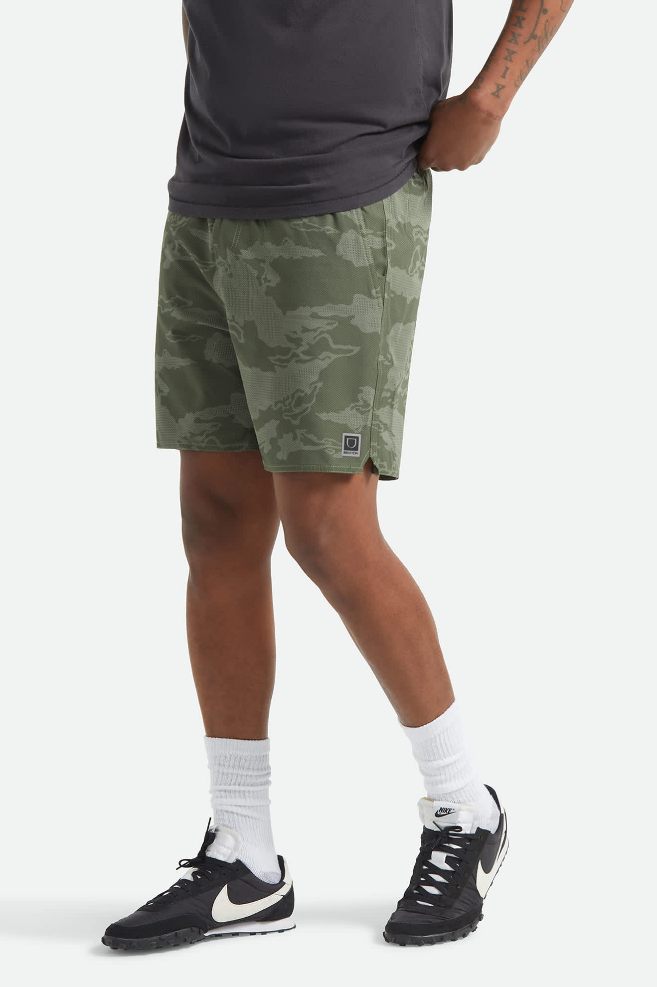 Men's Journey Active Short in the color Olive Tiger Camo - Men's Side View